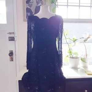 Knee Length Silk and Glass Bead Black Tie by Oleg Cassini dress